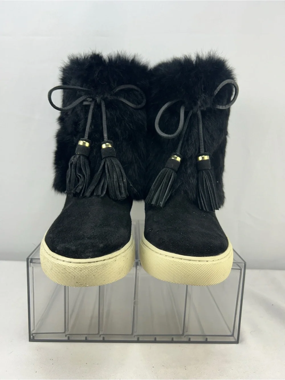 TORY BURCH Angelica Black Suede Sneaker Boots Fur Tassel Size 11